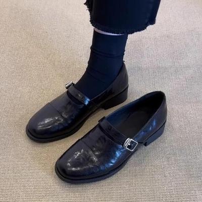 Retro minimalistischer Stil runder Kopf kleine Lederschuhe Damen Gürtelschnalle Mary Jane Einzelschuhe dicker Absatz Slipper