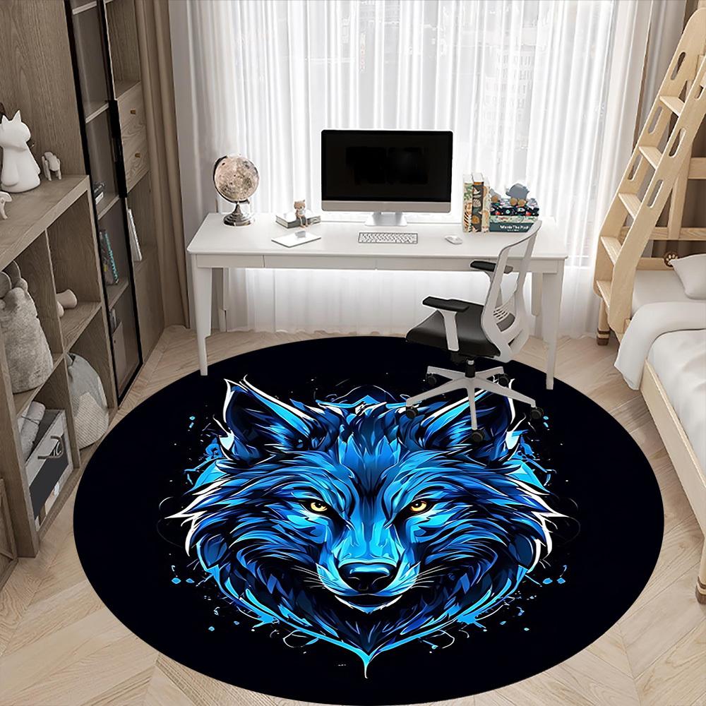 1pc Wolf Head Chair Carpet for Office, Round Non-Slip Durable Large Size Office Carpet, Suitable for Office, Beautiful Decoration