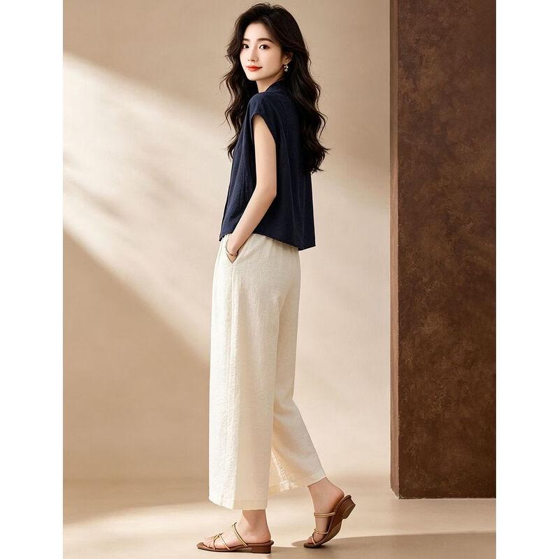 D.F.DEAR Women's Stand Collar Sleeveless Shirt & Wide-Leg Pants Set