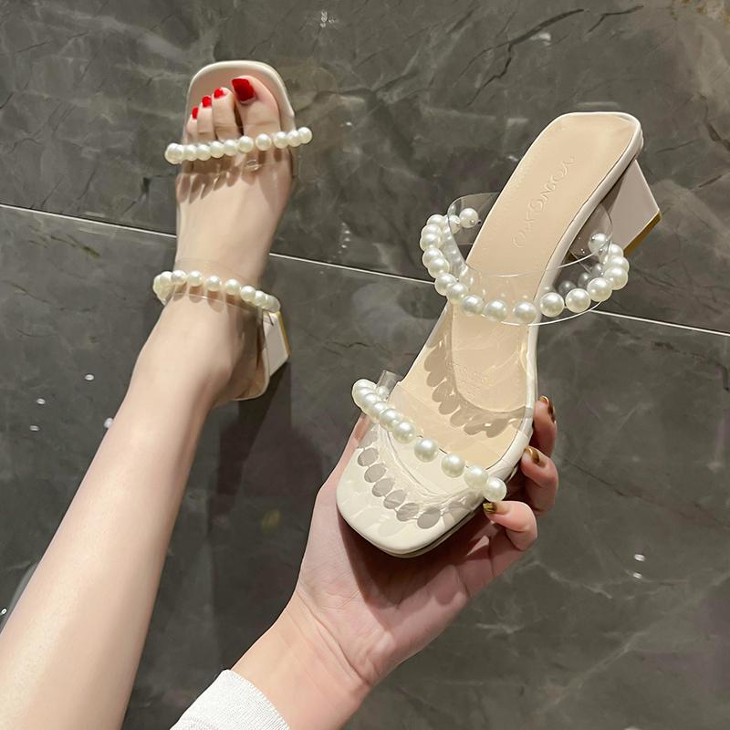 Sandale cu mărgele pentru femei Pantofi cu toc nou Pantofi cu papuci cu toc pentru femei Sandale de vară pentru doamne Sandale de plajă antiderapante Mărimi mari 35 ~43