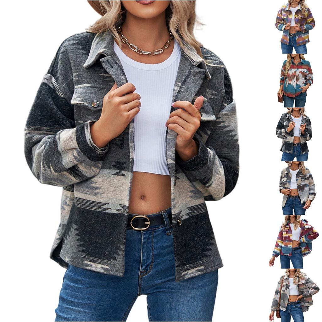 Women's Fashion Long-Sleeved Button-Printed Lapel Wool Coat