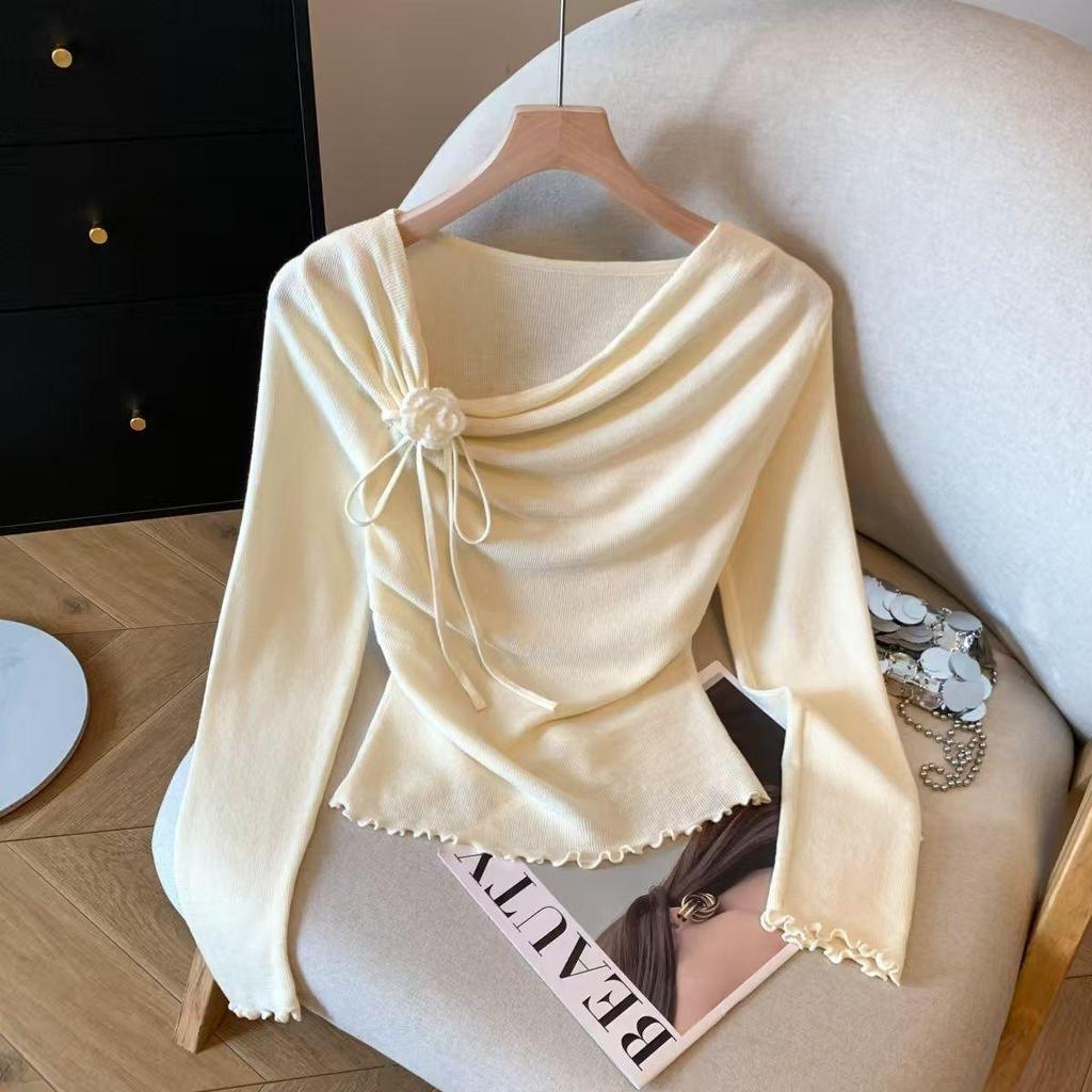 Elegant 3D Floral Lace-Up Knit Top for Women - Autumn/Winter 2025, Slimming Fit with Ruffled Collar