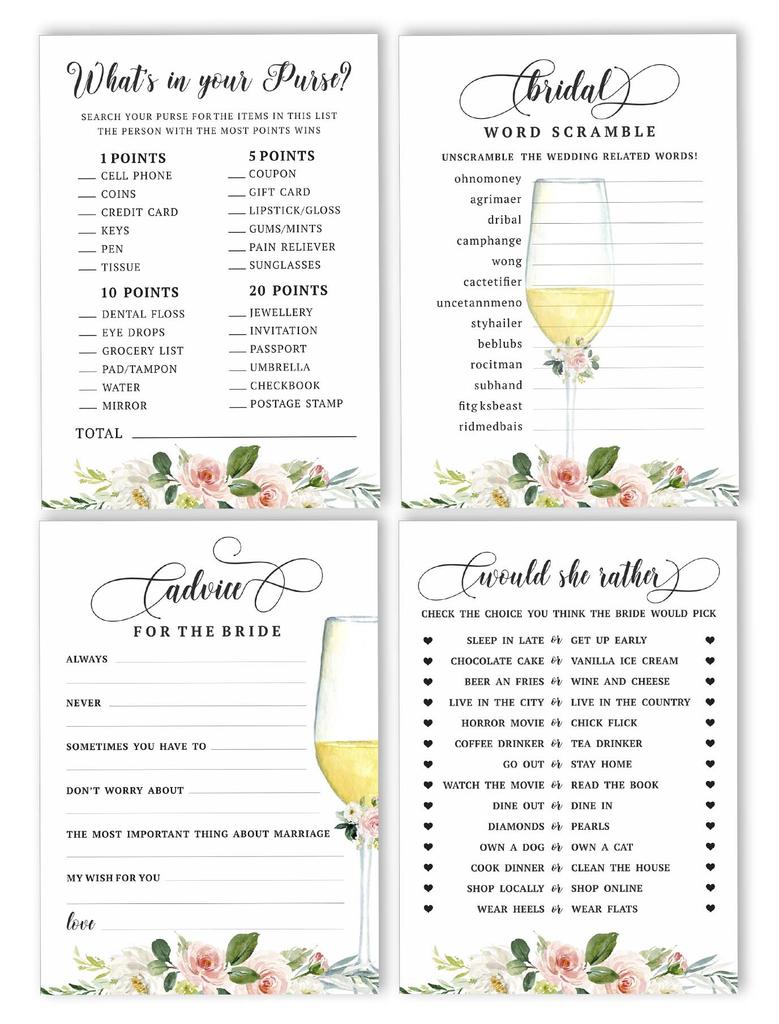 Inkdotpot Bachelorette Party Games Set Bundle Of 4(50 Sheets Each) W Miss To Mrs Gold Banner Floral Brunch & Bubbly Fun Bridal Shower Games