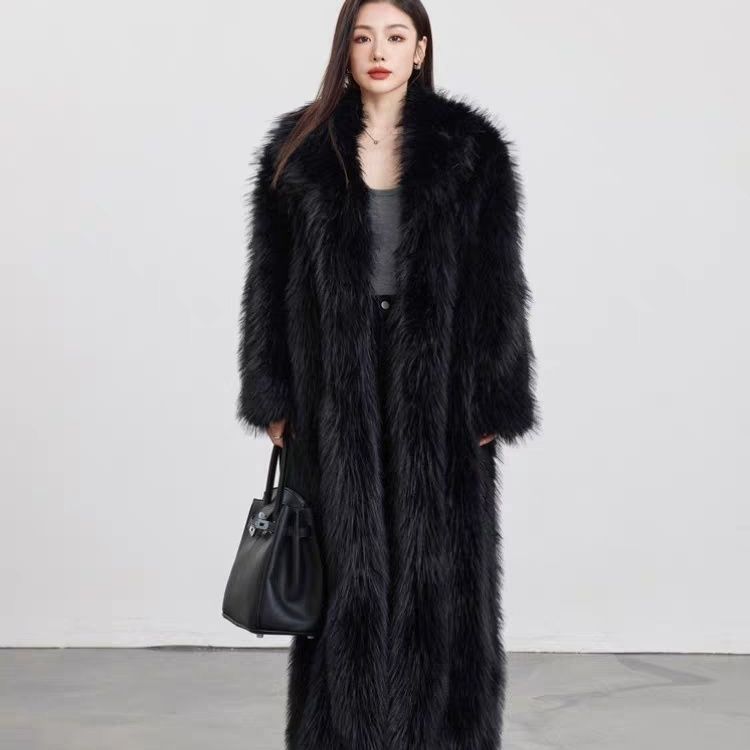 Winter New Imitation Fox Black Long Coat with Cotton and Thick Environmentally Friendly Fur Coat for Women