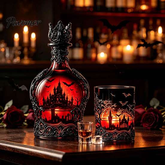Gothic Wine Decanter 1200ML Halloween Bat Castle Whiskey Bottle, 320ML Vintage Glass Liquor Holder Cup, Decorative Flask for Home Kitchen Bar Parties