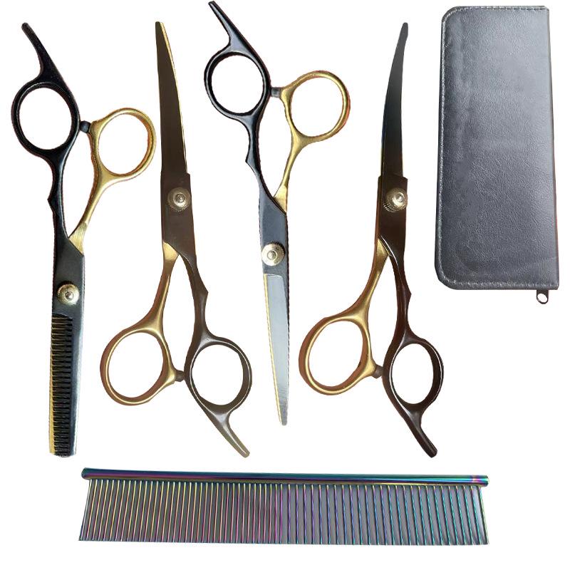 Black Gold Hairdressing & Pet Scissors Set - Serrated, Flat, Bangs, Oblique Tail.