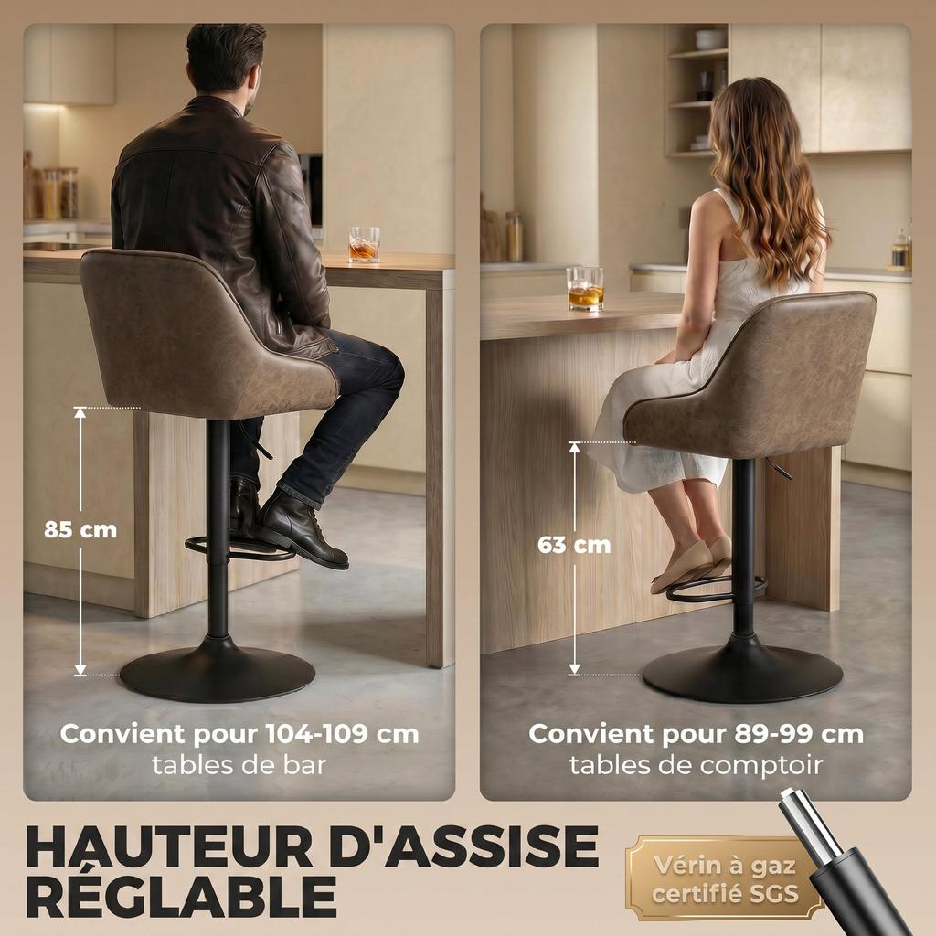 Bar Stools, Set of 2, High Kitchen Stools, Swivel Seat, Adjustable Height, Dark Brown