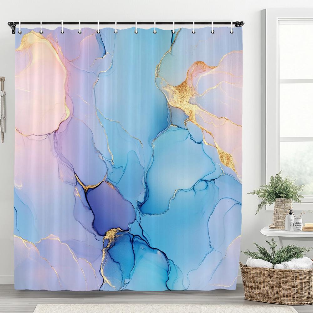 Modern Plain Black Gold Textured Marble Shower Curtain With Hooks Water Resistant For All Bathroom Styles
