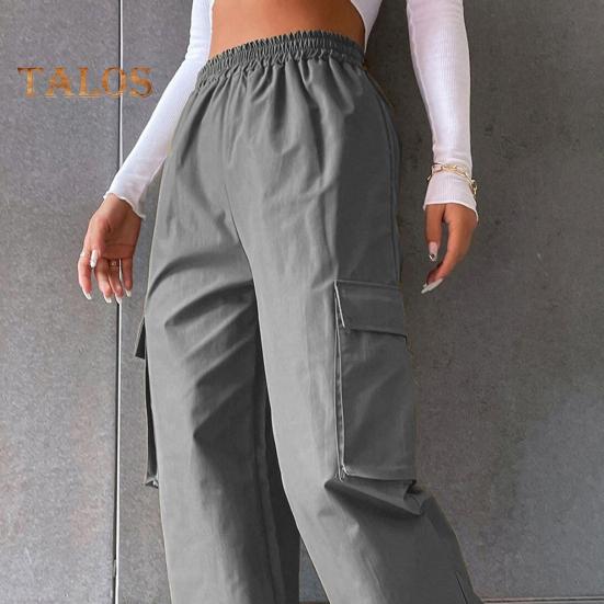 Pantaloni cargo pentru femei, cu talie elastică, cu picior lat, de culoare uni, pantaloni de sport casual, cu buzunar lateral cu clapă