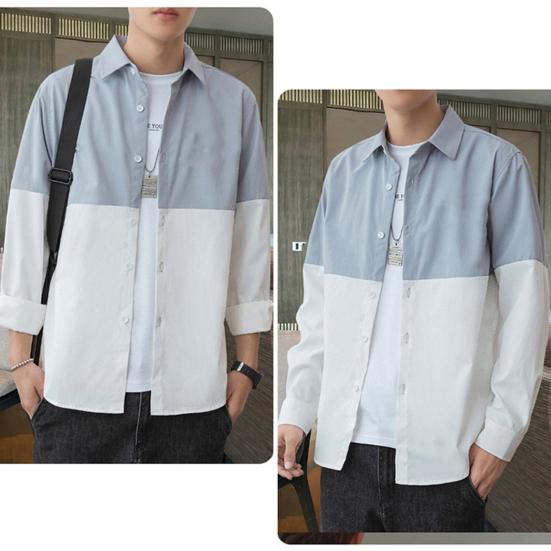 Spring Fall Men Shirt Turn-down Collar Printed Colorblock Button-down Cardigan Loose Streetwear Young Cargo Style Shirt Coat