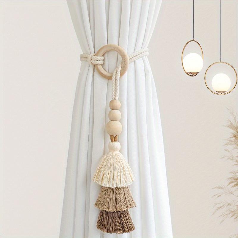 2pcs Bohemian Handmade Tassel Curtain Tiebacks with Wooden Beads - Polyester, Modern Boho Style Window Drape Holdbacks for Home Decor