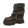 Winter Plateau Dicke Sohle Damen Röhrenstiefeletten Design Gürtelschnalle Punk Stil Leder Modern Kurz Bottes Femmes