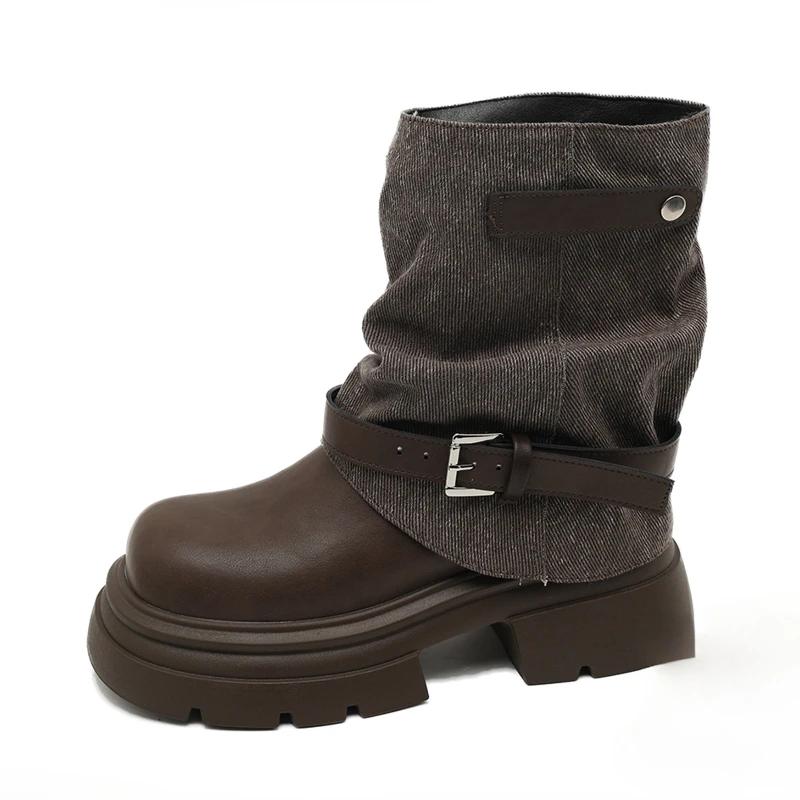 Winter Plateau Dicke Sohle Damen Röhrenstiefeletten Design Gürtelschnalle Punk Stil Leder Modern Kurz Bottes Femmes