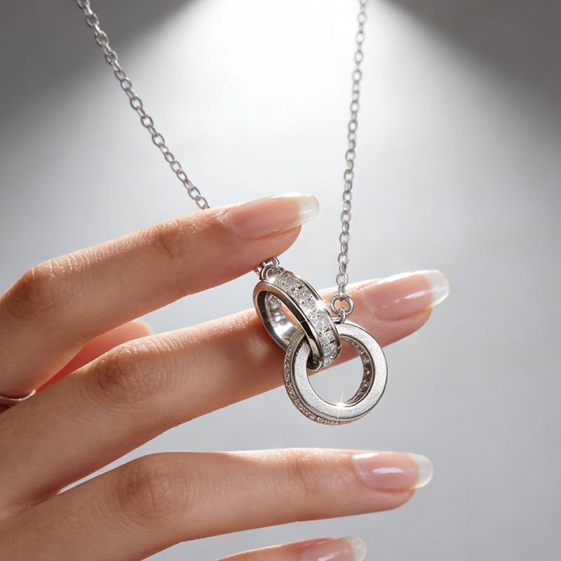 Xiaomi S925 Sterling Silver Necklaces For Women Simple Minimalist Pendant Necklaces Double Circle Zircon Necklace Birthday Gift