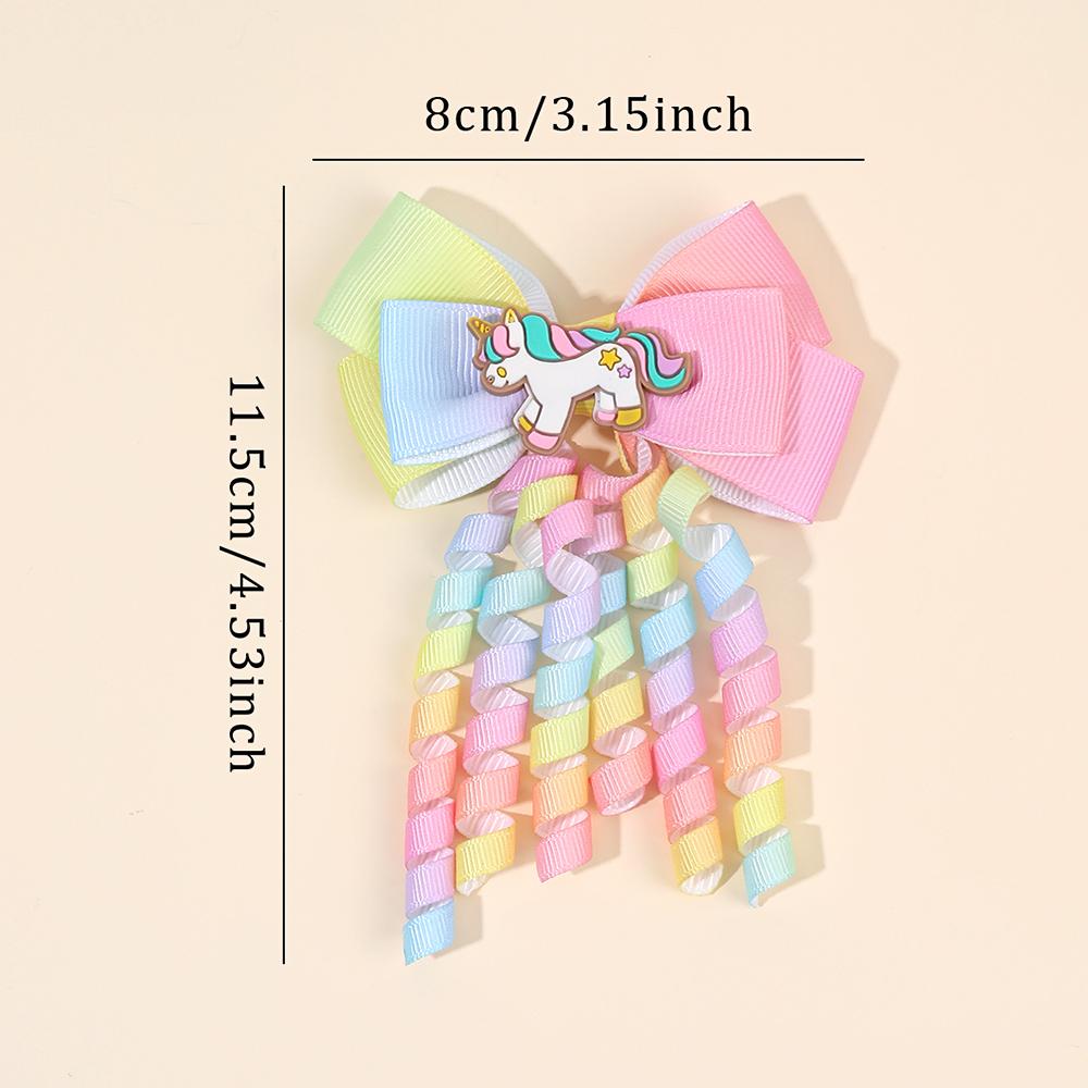 2Pcs Rainbow Unicorn Hair Clip Cute Curly Ribbon Tassel Magical Bow Hairpin For Kids Girls Party Daily Use Headwear Accessories