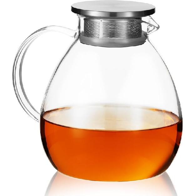 68OZ/2000ML One Touch Glass Teapot with Stainless Steel Filter Lid, Stovetop & Microwave Safe Tea Maker Water Kettle, Strainer & Cover 2 in 1 Loose