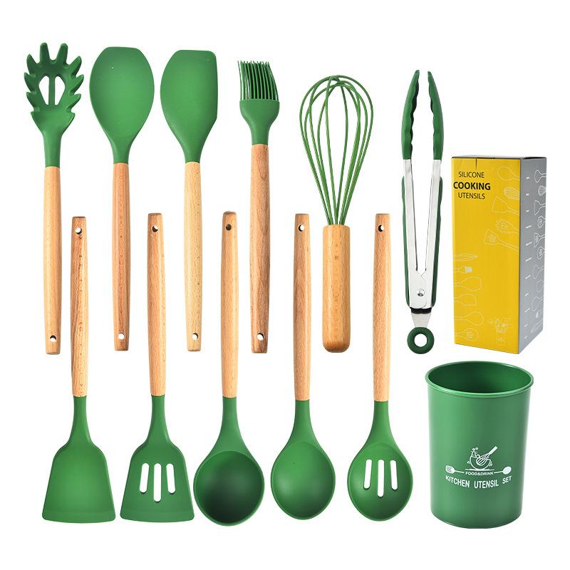 12Pcs Silicone Utensils Set  Non-Stick Cookware Wooden Handle Spatula Shovel Egg Beaters Kitchenware Kitchen Accessories