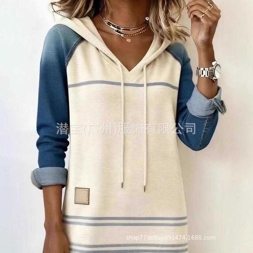 New European and American women's clothing denim long-sleeved splicing hooded drawstring dress contrasting color long dress women