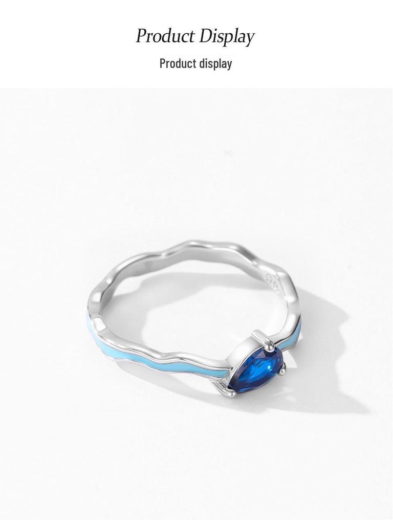Women's Retro S925 Silver Sapphire Teardrop Ring: Luxury Blue Enamel Geometric Design for Index Finger