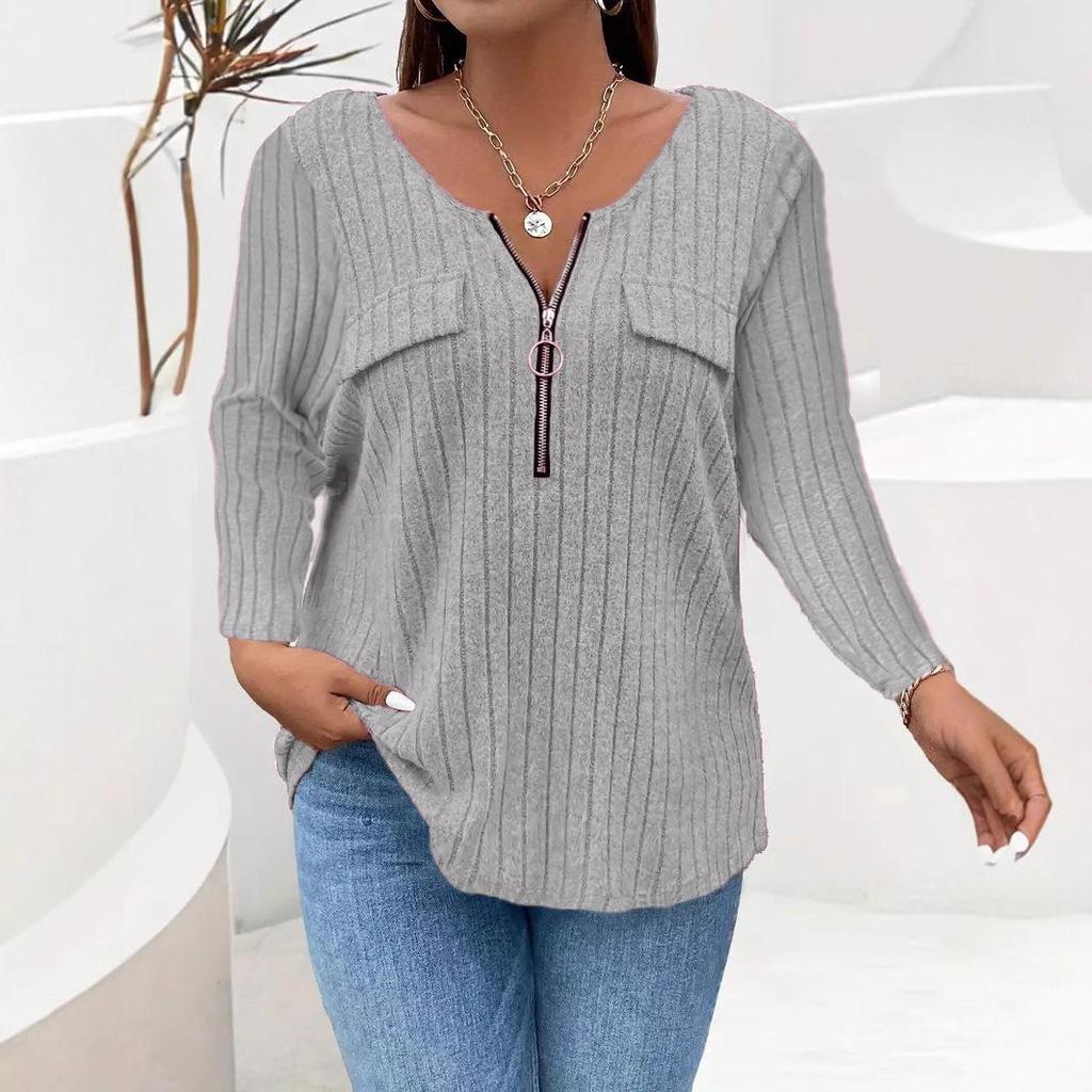 2025 Autumn/Winter European & American Plus Size Zipper Ribbed Long-Sleeve Women's Top