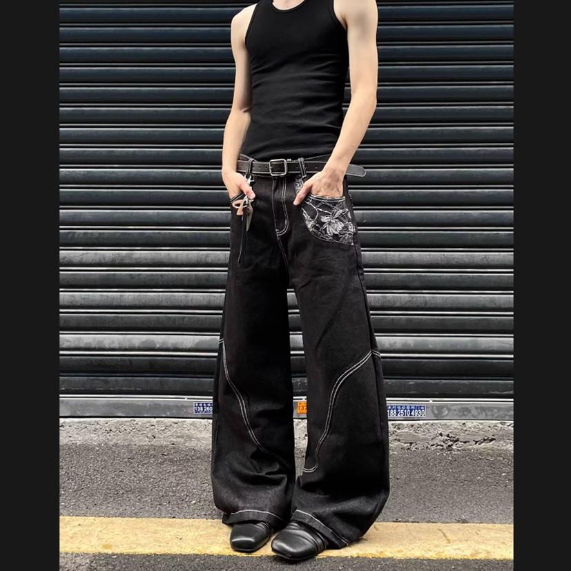 Trendy brand snake pattern denim jeans men's summer American high street narrow version scimitar pants loose bright line slightly pulled trousers