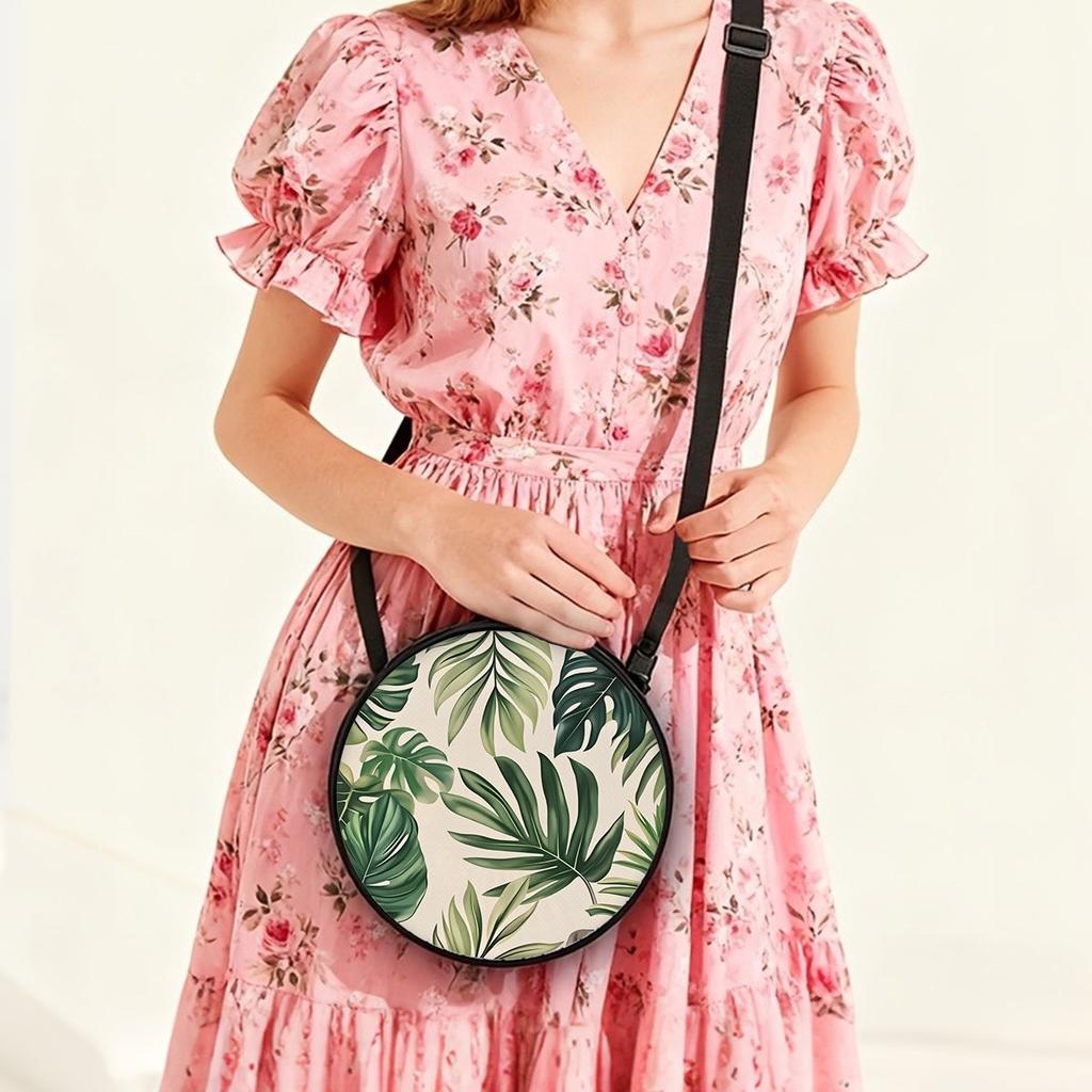 Leaf Print Round Shoulder Bag Casual Messenger Bag Daily Adjustable Strap Crossbody Bag for Woman Best Gifts 2D Flat