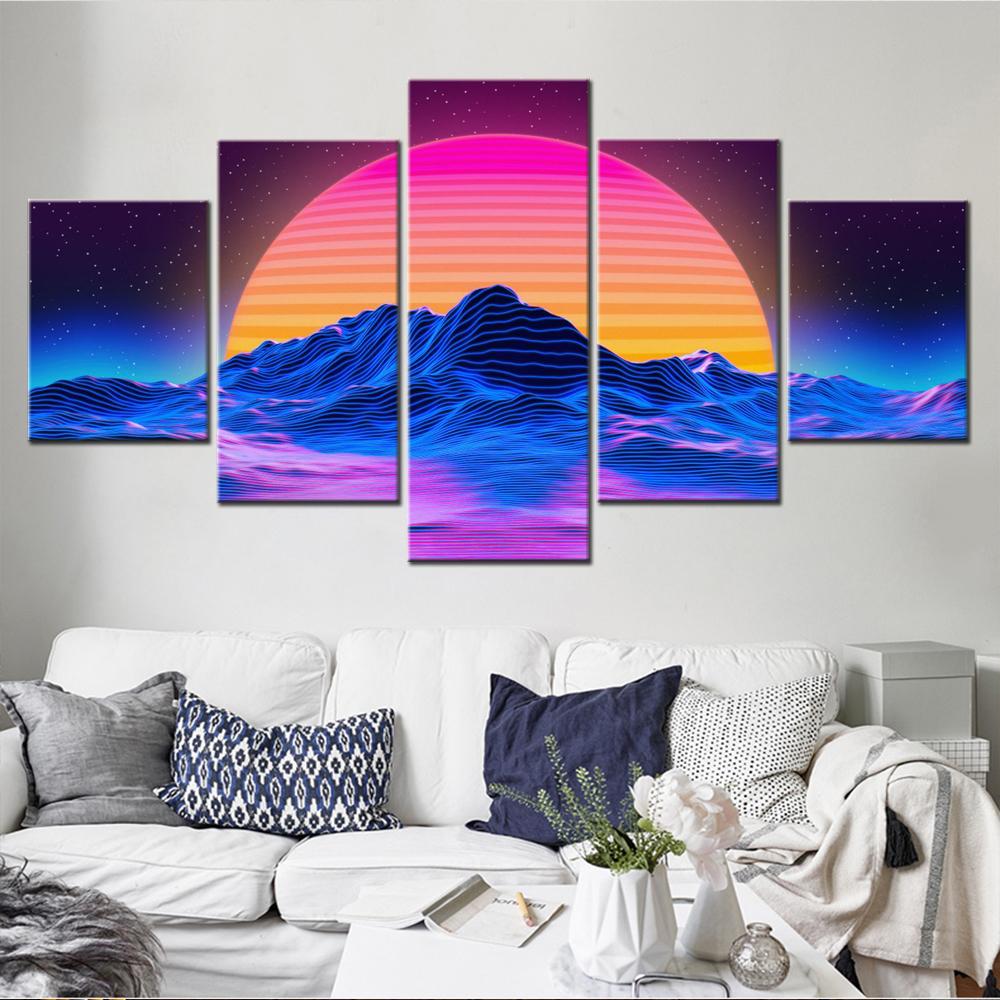 5 Pieces Canvas Wall Arts Poster Painting Nature  Neon RetroWave Art Wallpaper Interior Home Decor Picture Print Bedroom Mural No Frame
