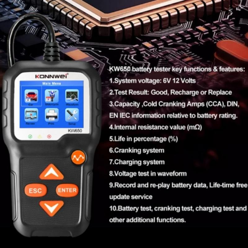 KONNWEI KW650 6V 12V Car Battery Tester 100 To 2000 CCA Motorcycle Auto Battery Analyzer Car Moto Cranking Charging Test Tool