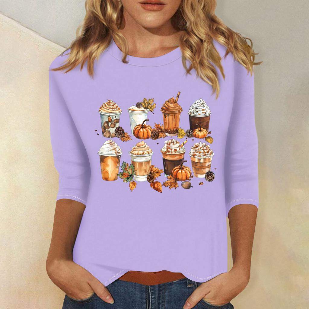 Women's Fashion Casual Three-quarter Sleeve Halloween Printed Round Neck Top