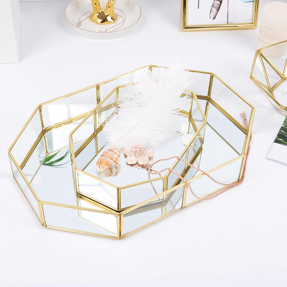 Retro Brass Storage Tray Glass Makeup Organizer Tray Dessert Snack Plate Jewelry Display Stand Home Kitchen Decor