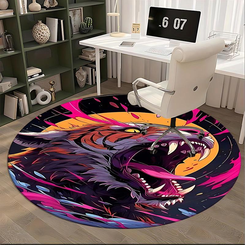 1pc Anime Design Tiger Head Round Carpet Office Chair Mat, Non Slip Rug for Home Decor, Living Room, Bedroom, Game Room, Festival Gift