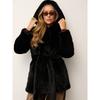 Women Mid Length Hooded Belted Faux Mink Fur Winter Overcoat