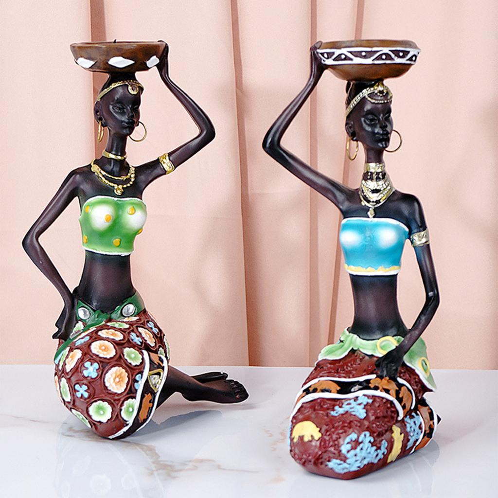 2 Stück Vintage Afrikanische Frauen Statue Kerzenhalter Harzfiguren Passend für Kerzen bis 3,5 cm Durchmesser