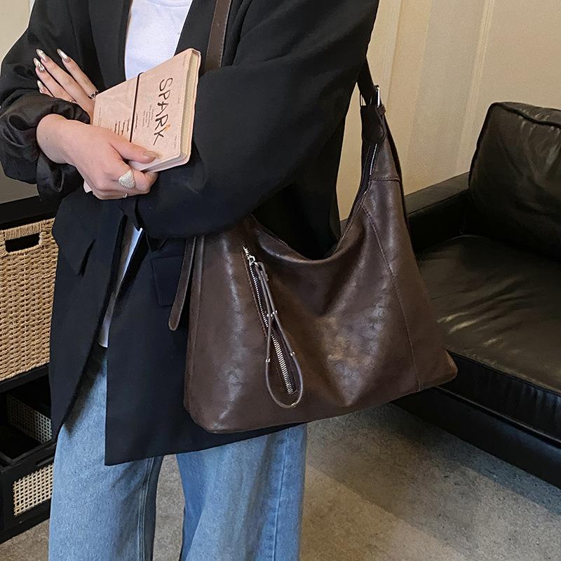 Vintage Simple Large Capacity Women's Shoulder Bag Korean Style Solid Color Casual Tote Bags Trendy PU Zipper Messenger Bags