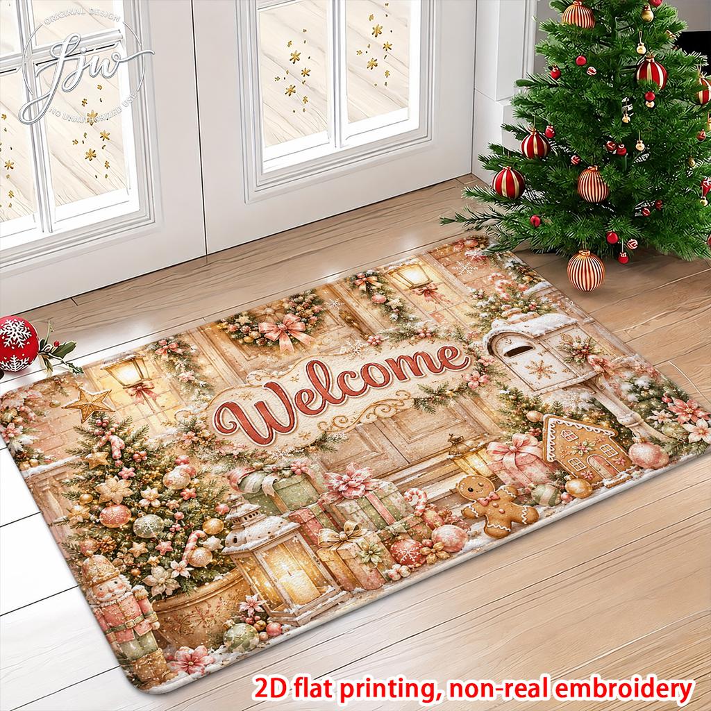 1pcs Christmas Welcome Door Mat Vintage Gold Winter Holiday NonSlip Entryway Rug For Home Decor
