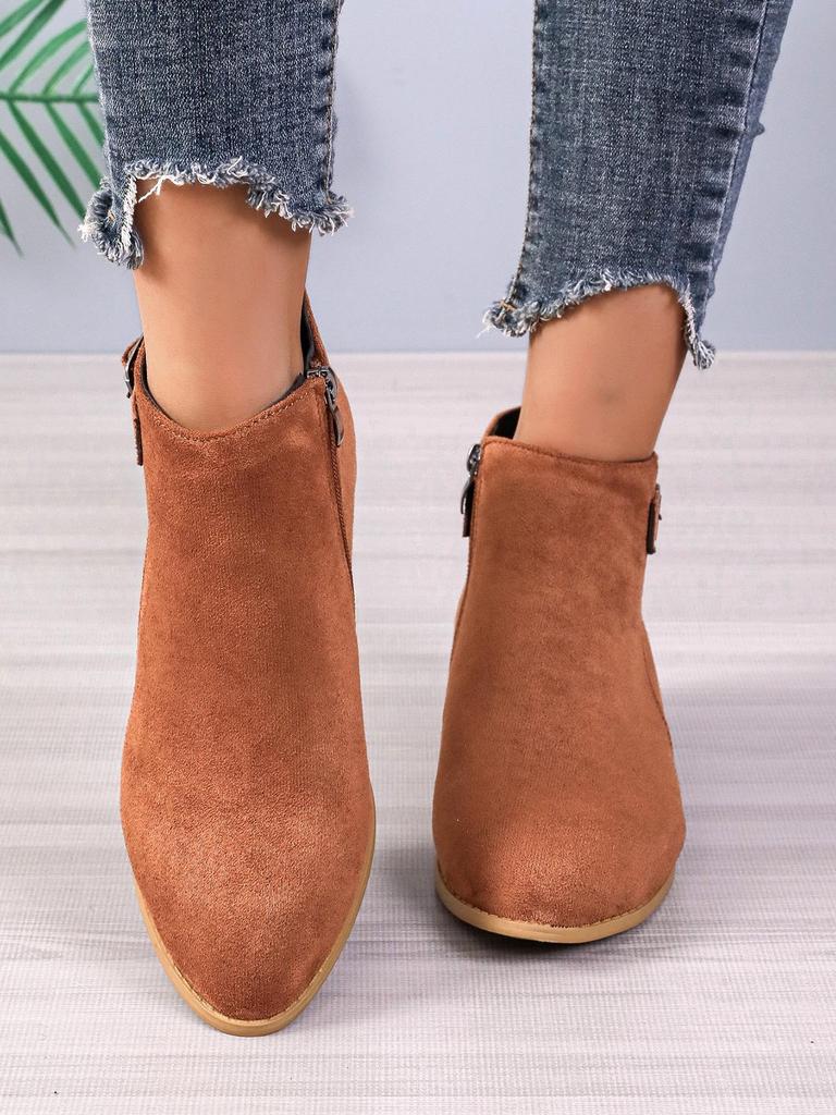 Dámské 2024 Semišové Špičaté Kotníkové Boty s Přezkou na Pásku a Silným Podpatkem - Velká Velikost