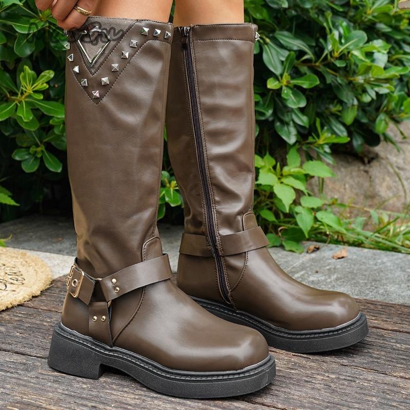 Fashion Size 36-42 Black Brown PU Women's Long Boots Western Buckles Rivet Decor Ladies Knee-High Boots Autumn Fashion Botas Altas