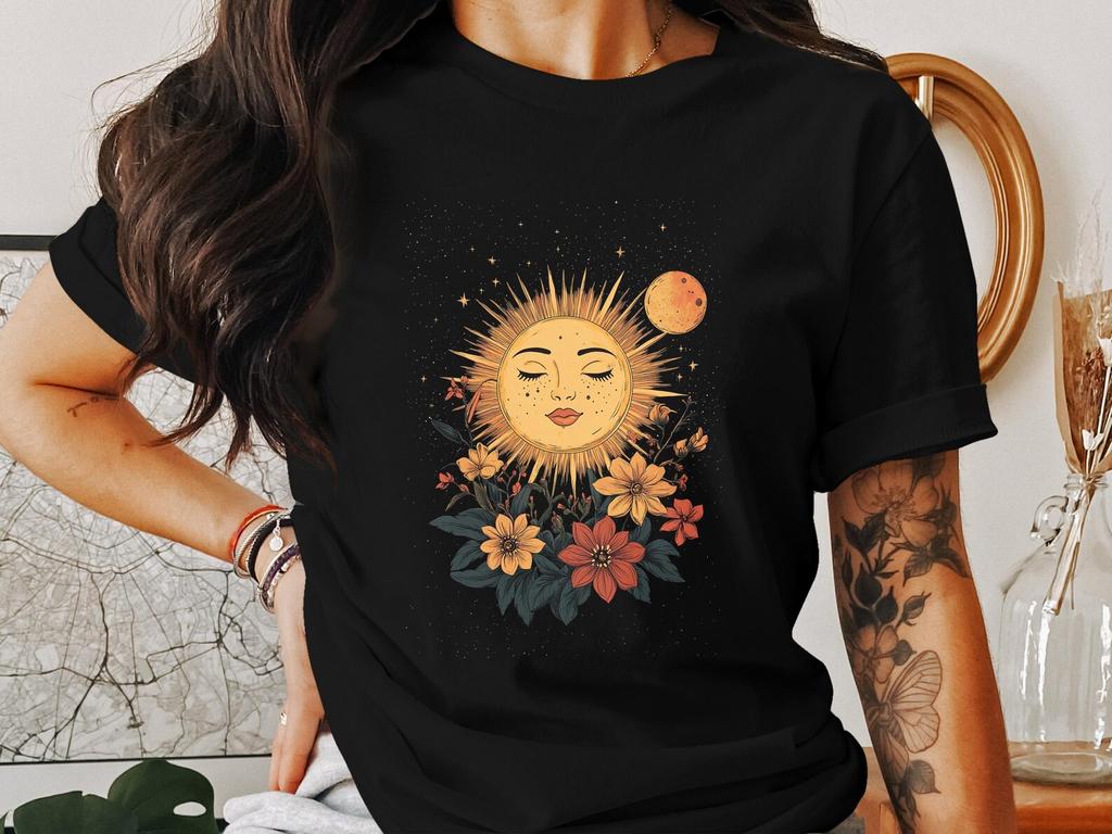 Vintage Sun and Moon Floral T-Shirt, Cottagecore Celestial Graphic Tee, Retro Sunshine and Flowers Shirt, Cozy Aesthetic Top
