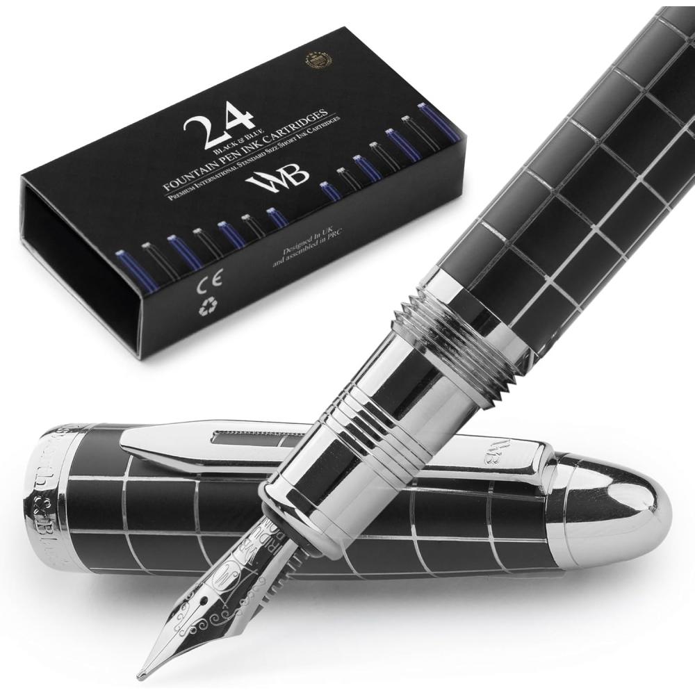 Wordsworth   Black Fountain Pen   Chrome Finish  Medium Nib  Ink Cartridge  Ink