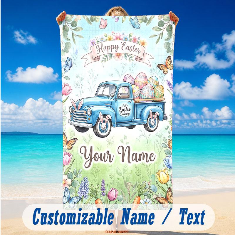Easter Bunny Theme Beach Towel Personalized Custom Name & Text Soft Quick Dry Beach Towel for Swimming Travel