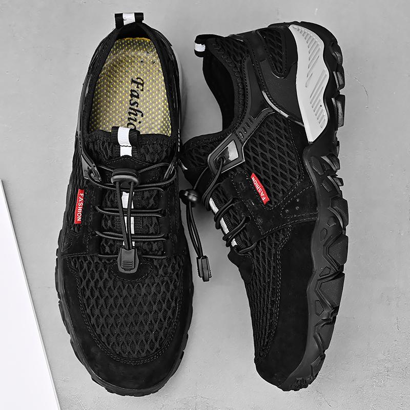 Men’s Outdoor Hiking Shoes Grey Driving Shoes Casual Slip on Summer Black Mesh Shoes Plus Size 45 46