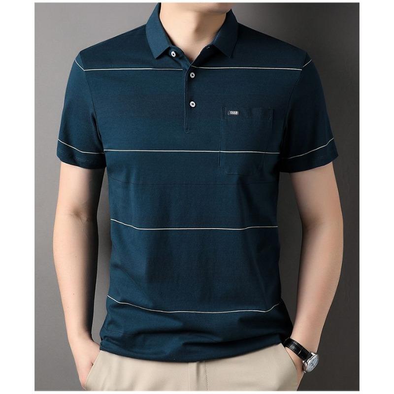 Men's Cotton Striped Polo Shirt Turn Down Collar Short Sleeve Casual Tops With Chest Pocket