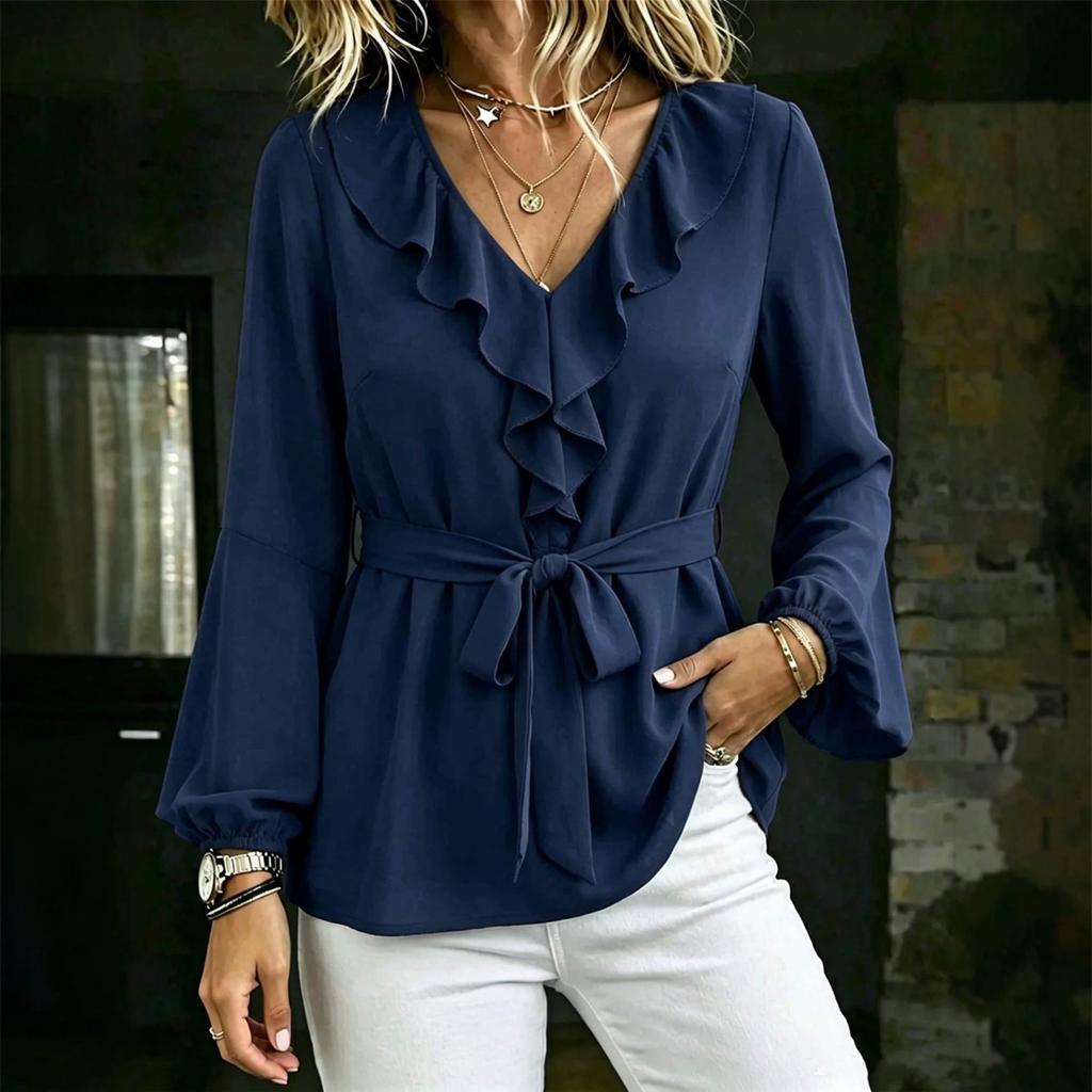Women's New V-neck Temperament Ruffle Shirt Lace-up Waist Lantern Sleeve Long-sleeved Top