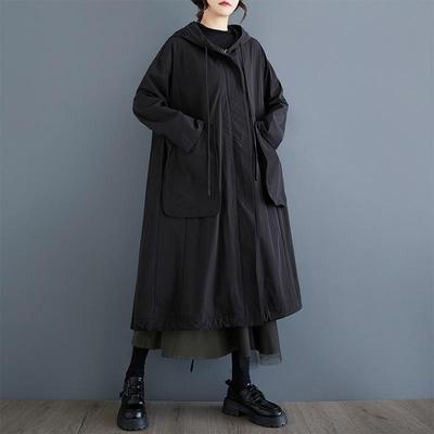 Long Sleeve Oversized Vintage Black Hooded Casual Loose Autumn Spring Trench Coat for Women Outerwear