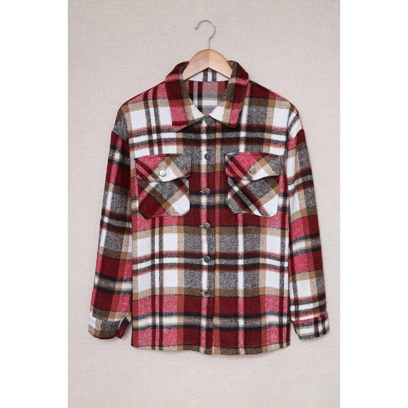 Women Vintage Plaid Long Sleeve Shirt Loose Color Collision Lapel Tops Jacket
