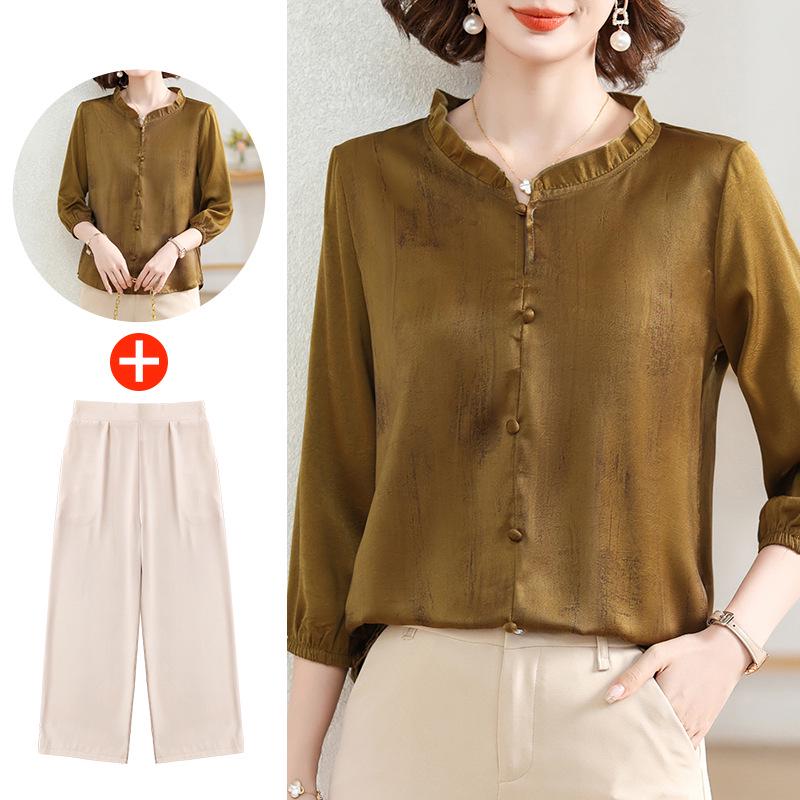 2025 New Spring/Autumn Fashion Set for Middle-Aged Women: Seven-Sleeve Chiffon Blouse