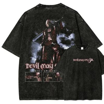 T-shirt Grafica Double-Sided Devil May Cry 3 Dante's Awakening, Maglietta Oversize Lavata Vintage, Top Streetwear Gioco Unisex