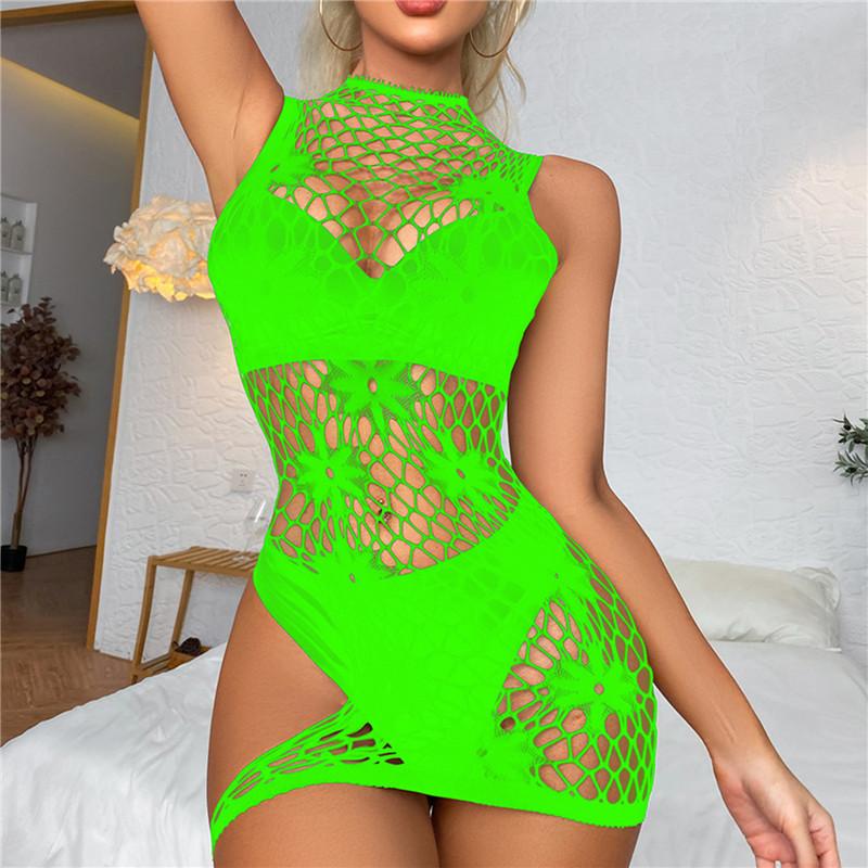 Sexy Lingerie Tight Skirt Hollow Perspective Sexy Dress Suit Solid Bodystocking Fishnet Bra Set