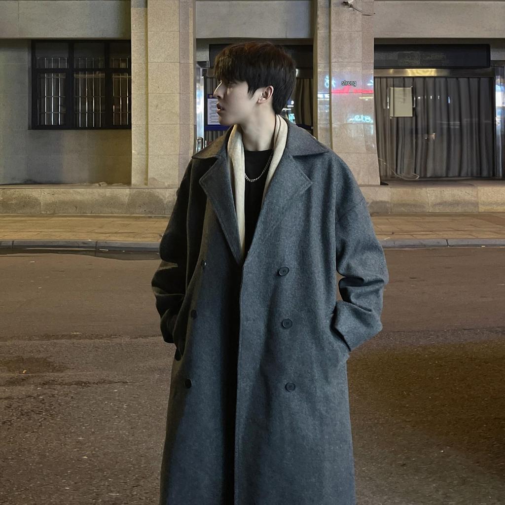 Men's Mid-Length Korean Style Wool Trench Coat - Autumn/Winter, Thickened, Over-the-Knee, Loose Fit
