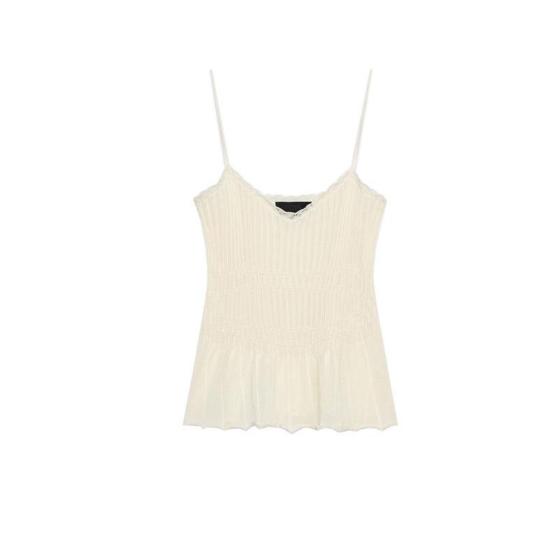 Summer New Product Women's Clothes Minimalist Lace Trim Rib V-neck Strap Casual Knitting Tops 0014018